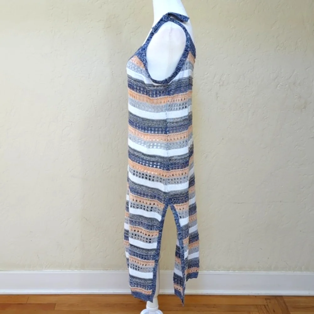 Miss Sparkling Knitted Striped Tie Shoulder Split Hem Dress Cover Up…